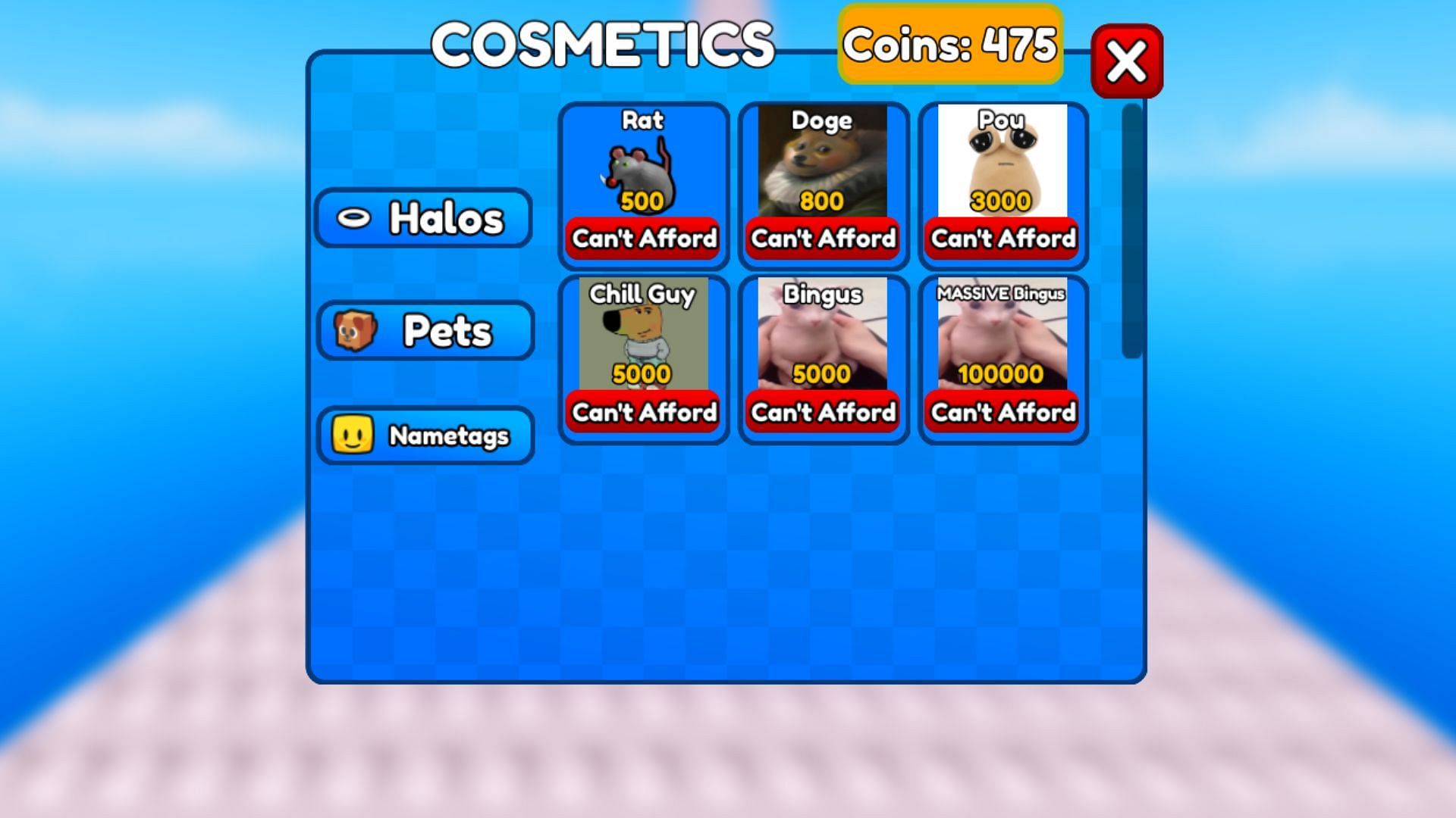Use Coins to buy Halos, Pets, and Nametags (Image via Roblox)